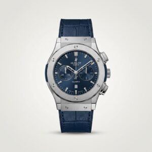 Silver-tone quartz chronograph watch with blue dial, silver indices, two sub-dials, and blue leather strap