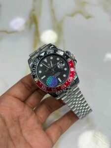 Silver GMT Style Watch – Black Dial, Red & Black Bezel, Jubilee Bracelet