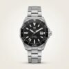 Silver-tone diver style quartz watch with black textured dial, luminous markers, black rotating bezel, and stainless steel bracelet.