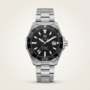 Silver-tone diver style quartz watch with black textured dial, luminous markers, black rotating bezel, and stainless steel bracelet.