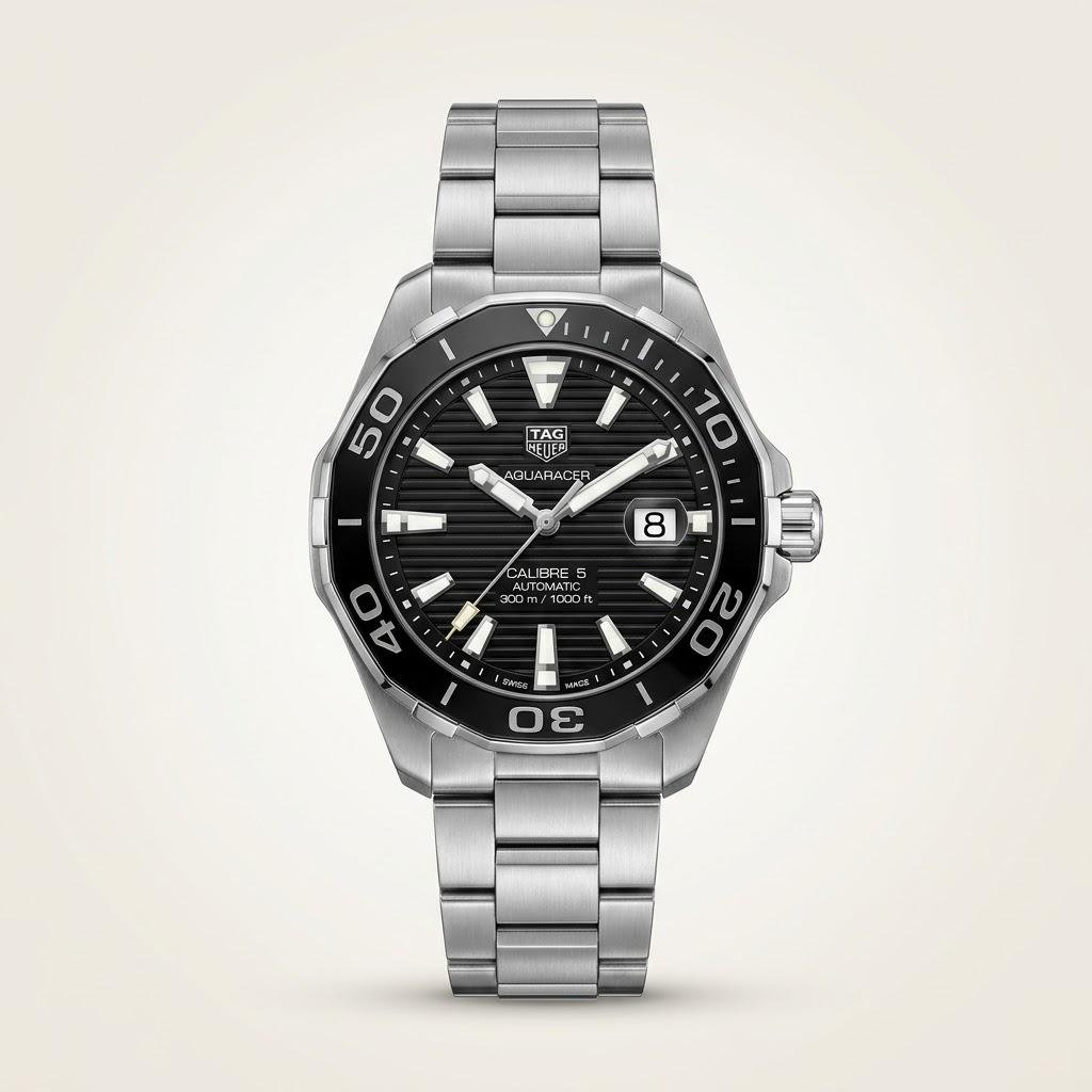 Silver-tone diver style quartz watch with black textured dial, luminous markers, black rotating bezel, and stainless steel bracelet.
