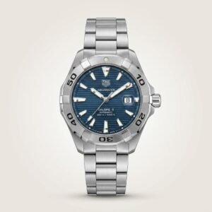Silver-tone diver style quartz watch with blue textured dial, luminous markers, silver rotating bezel, and stainless steel bracelet.