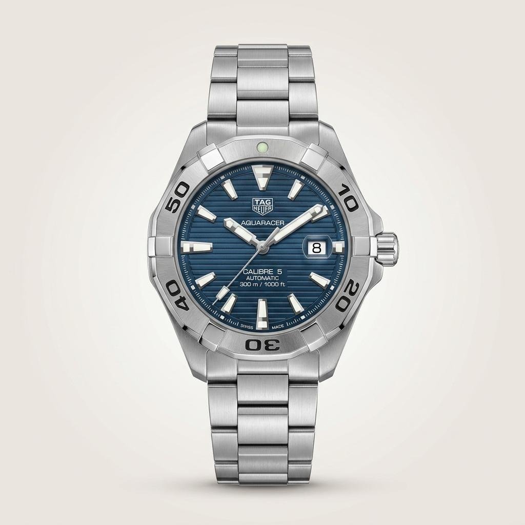 Silver-tone diver style quartz watch with blue textured dial, luminous markers, silver rotating bezel, and stainless steel bracelet.