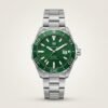 Silver-tone diver style quartz watch with green textured dial, luminous markers, green rotating bezel, and stainless steel bracelet