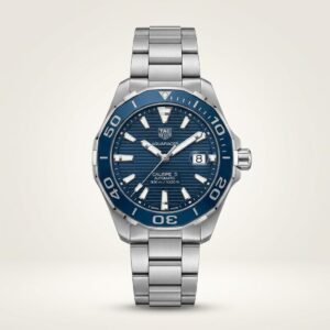 Silver-tone diver style quartz watch with blue textured dial, blue rotating bezel, luminous markers, and stainless steel bracelet.