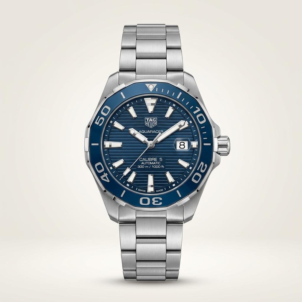 Silver-tone diver style quartz watch with blue textured dial, blue rotating bezel, luminous markers, and stainless steel bracelet.