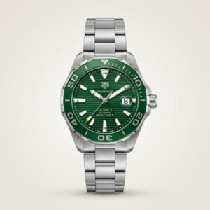 Silver-tone diver style quartz watch with green textured dial, luminous markers, green rotating bezel, and stainless steel bracelet