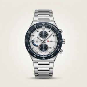 Curren 8481 quartz chronograph watch with white dial, three black subdials, and stainless steel bracelet.