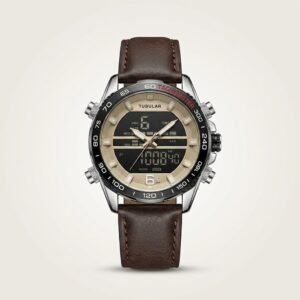 Tubular Hybrid Dual Time watch with black and gold dial, silver case, and brown leather strap.