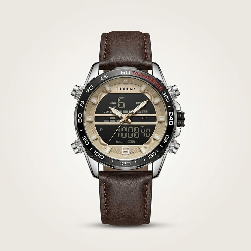 Tubular Hybrid Dual Time watch with black and gold dial, silver case, and brown leather strap.