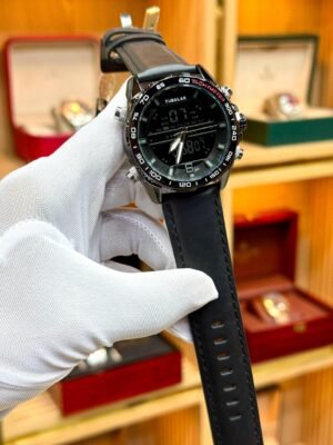 Tubular Hybrid Dual Time Watch – Black Dial with Black Leather Strap Hover Image