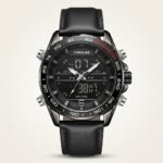 Tubular Hybrid Dual Time watch with black dial, silver case, and black leather strap.