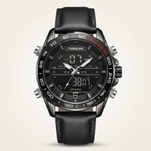 Tubular Hybrid Dual Time watch with black dial, silver case, and black leather strap.