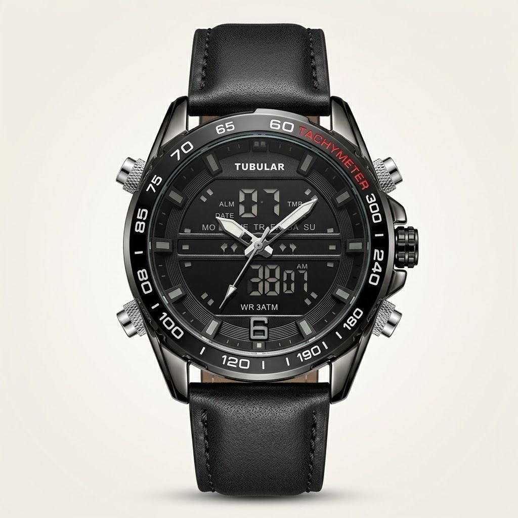 Tubular Hybrid Dual Time watch with black dial, silver case, and black leather strap.