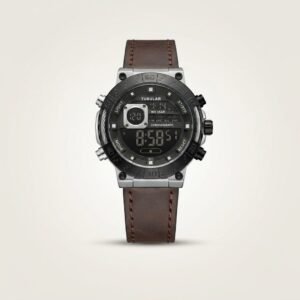Tubular dual-time digital watch with black dial, 4-button case, and brown leather strap