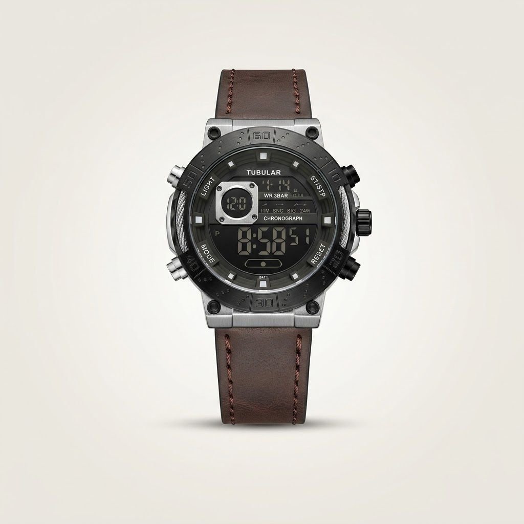 Tubular dual-time digital watch with black dial, 4-button case, and brown leather strap