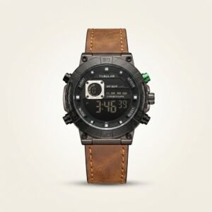 Tubular dual-time digital watch with all-black case, green button accent, and brown leather strap.