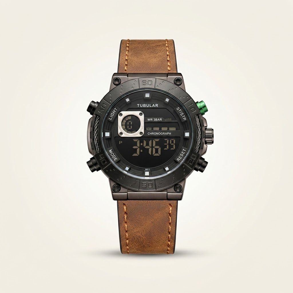 Tubular dual-time digital watch with all-black case, green button accent, and brown leather strap.
