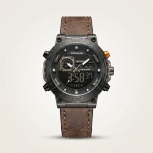 Tubular dual-time digital watch with black case, gold accents, and brown leather strap.