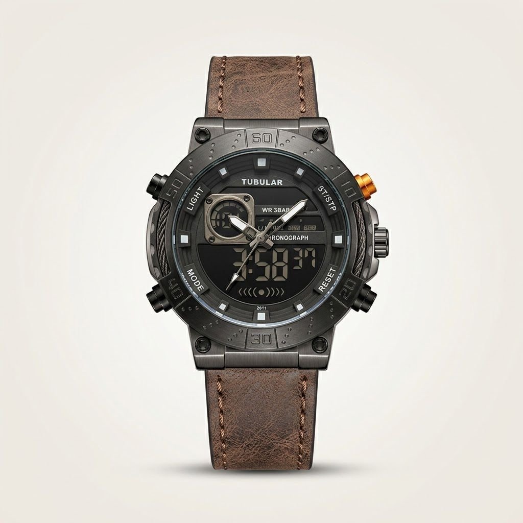 Tubular dual-time digital watch with black case, gold accents, and brown leather strap.