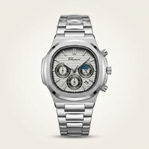 Chenxi chronograph watch with a silver dial, moon phase display, and silver stainless steel bracelet.