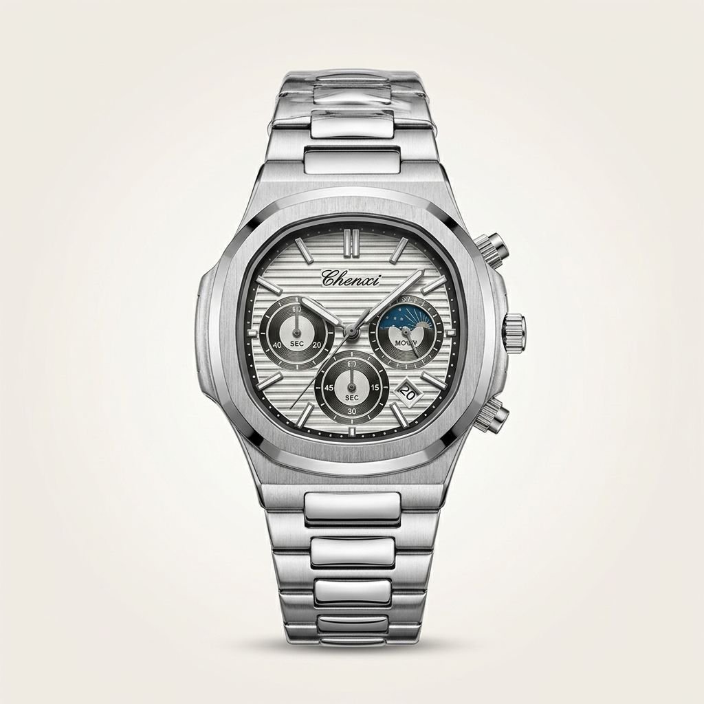 Chenxi chronograph watch with a silver dial, moon phase display, and silver stainless steel bracelet.