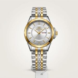 Bestwin Doctor model quartz watch with silver dial, gold bezel, and two-tone steel bracelet.