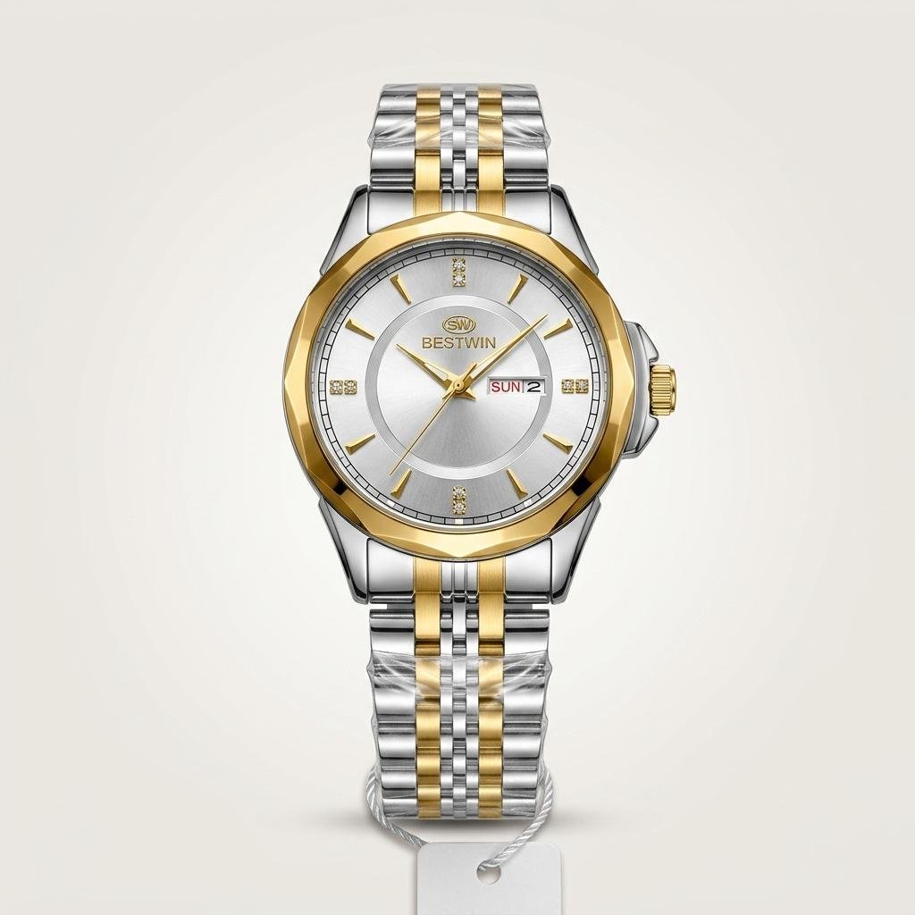 Bestwin Doctor model quartz watch with silver dial, gold bezel, and two-tone steel bracelet.