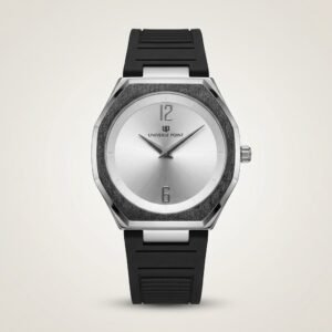 UP Silver Frosted Bezel Watch – Sunburst Dial & Black Rubber Strap