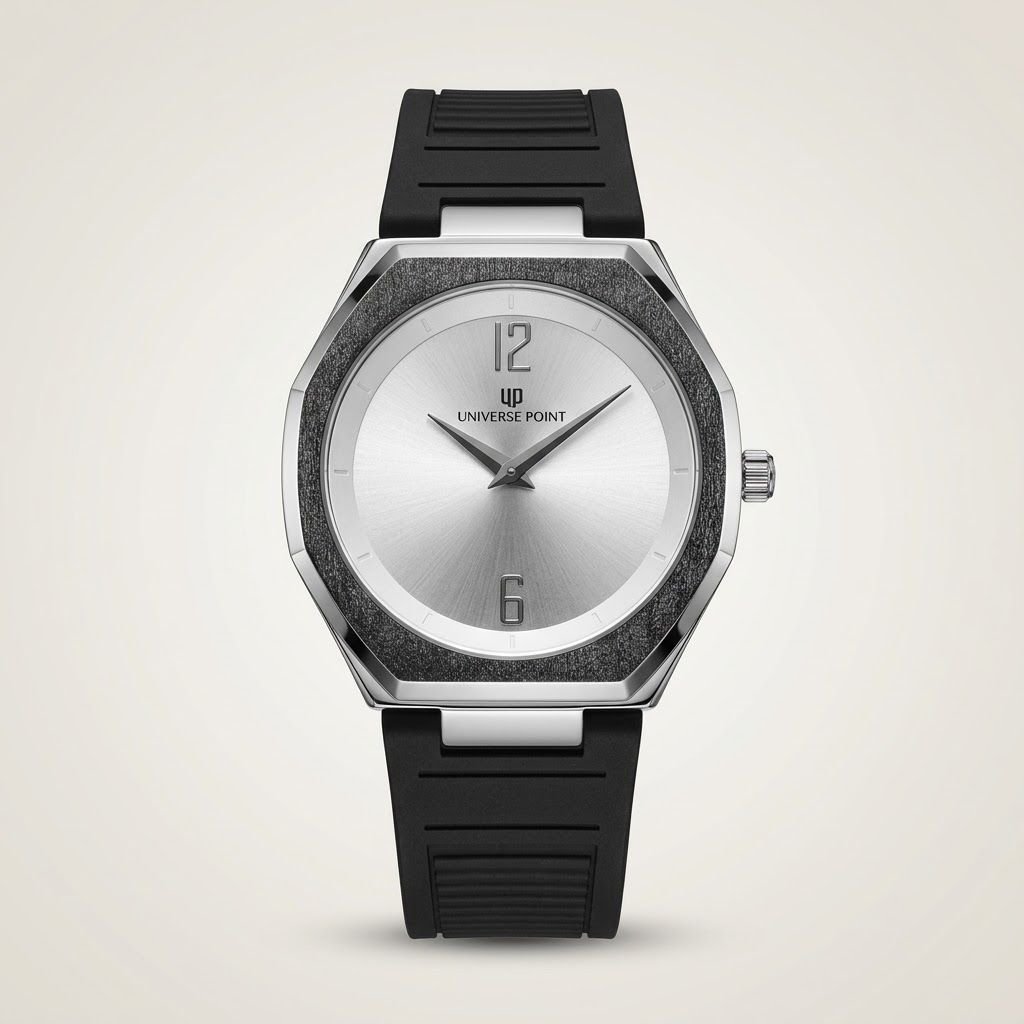 UP Universe Point watch with a sunburst dial, frosted silver bezel, and integrated black rubber strap.