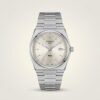 35mm unisex retro style watch with silver sunburst dial, baton indices, and integrated stainless steel bracelet.