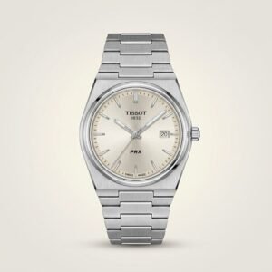 35mm unisex retro style watch with silver sunburst dial, baton indices, and integrated stainless steel bracelet.