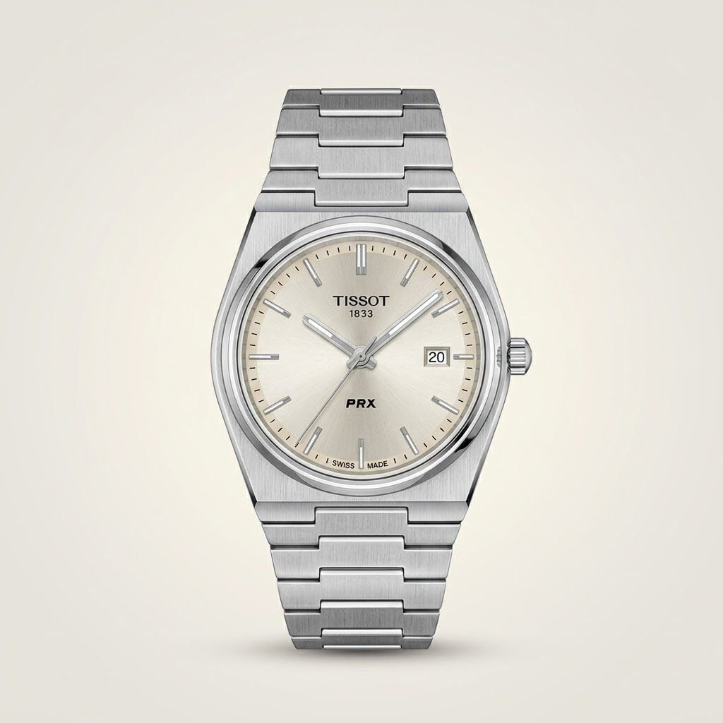 35mm unisex retro style watch with silver sunburst dial, baton indices, and integrated stainless steel bracelet.