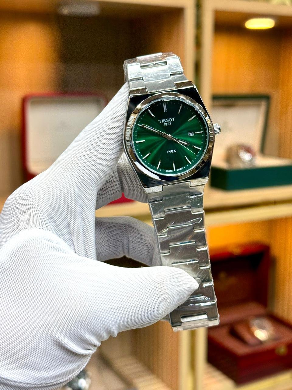 PRX Retro Integrated Steel Quartz Watch – Green Sunburst Dial Hover Image