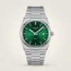 Silver-tone retro style watch with deep green sunburst dial, silver indices, and integrated steel bracelet.