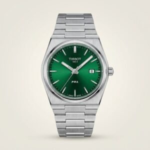Silver-tone retro style watch with deep green sunburst dial, silver indices, and integrated steel bracelet.