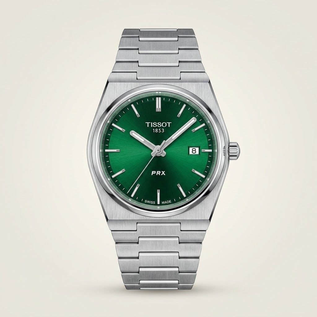 Silver-tone retro style watch with deep green sunburst dial, silver indices, and integrated steel bracelet.