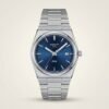 Silver-tone retro style watch with vibrant blue sunburst dial, silver indices, and integrated steel bracelet.