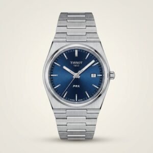 Silver-tone retro style watch with vibrant blue sunburst dial, silver indices, and integrated steel bracelet.