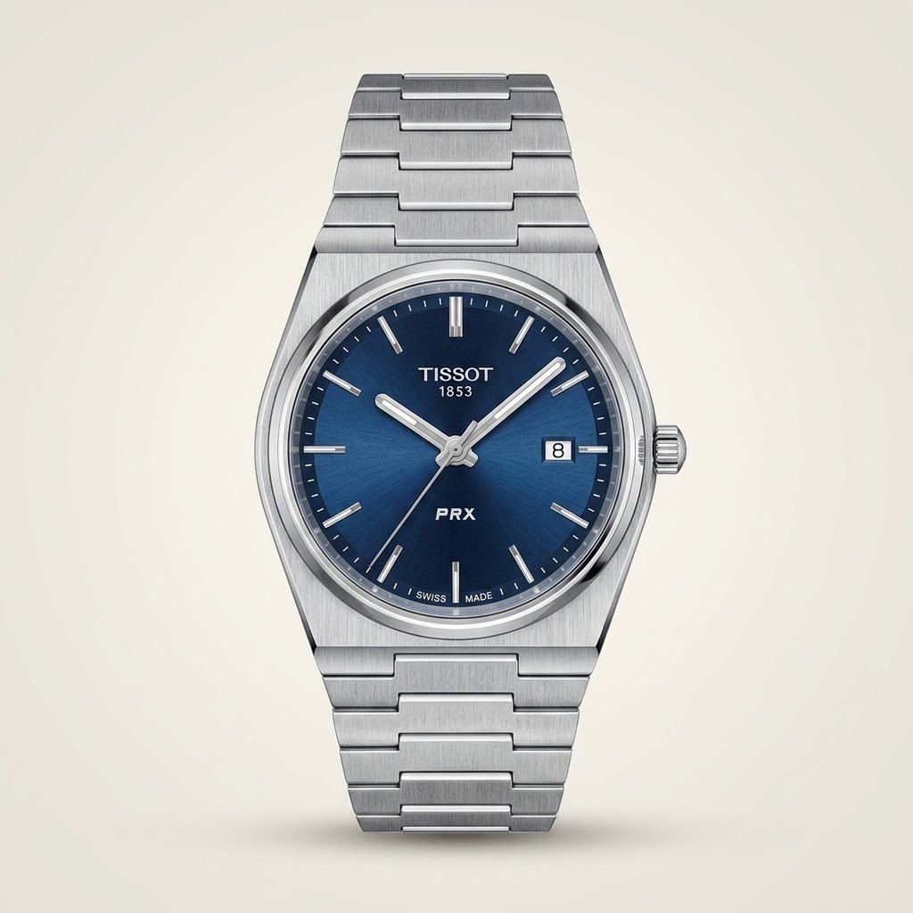 Silver-tone retro style watch with vibrant blue sunburst dial, silver indices, and integrated steel bracelet.