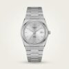 Silver-tone retro style watch with clean silver sunburst dial, silver indices, and integrated steel bracelet.
