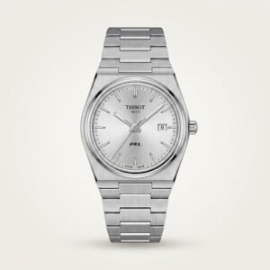 Silver-tone retro style watch with clean silver sunburst dial, silver indices, and integrated steel bracelet.