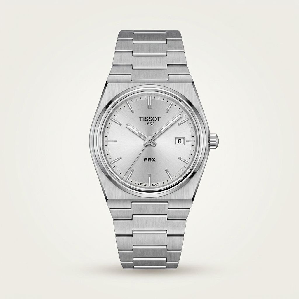 Silver-tone retro style watch with clean silver sunburst dial, silver indices, and integrated steel bracelet.