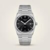 Silver-tone retro style watch with deep black sunburst dial, silver indices, and integrated steel bracelet.