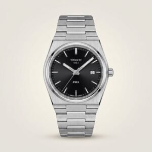 Silver-tone retro style watch with deep black sunburst dial, silver indices, and integrated steel bracelet.