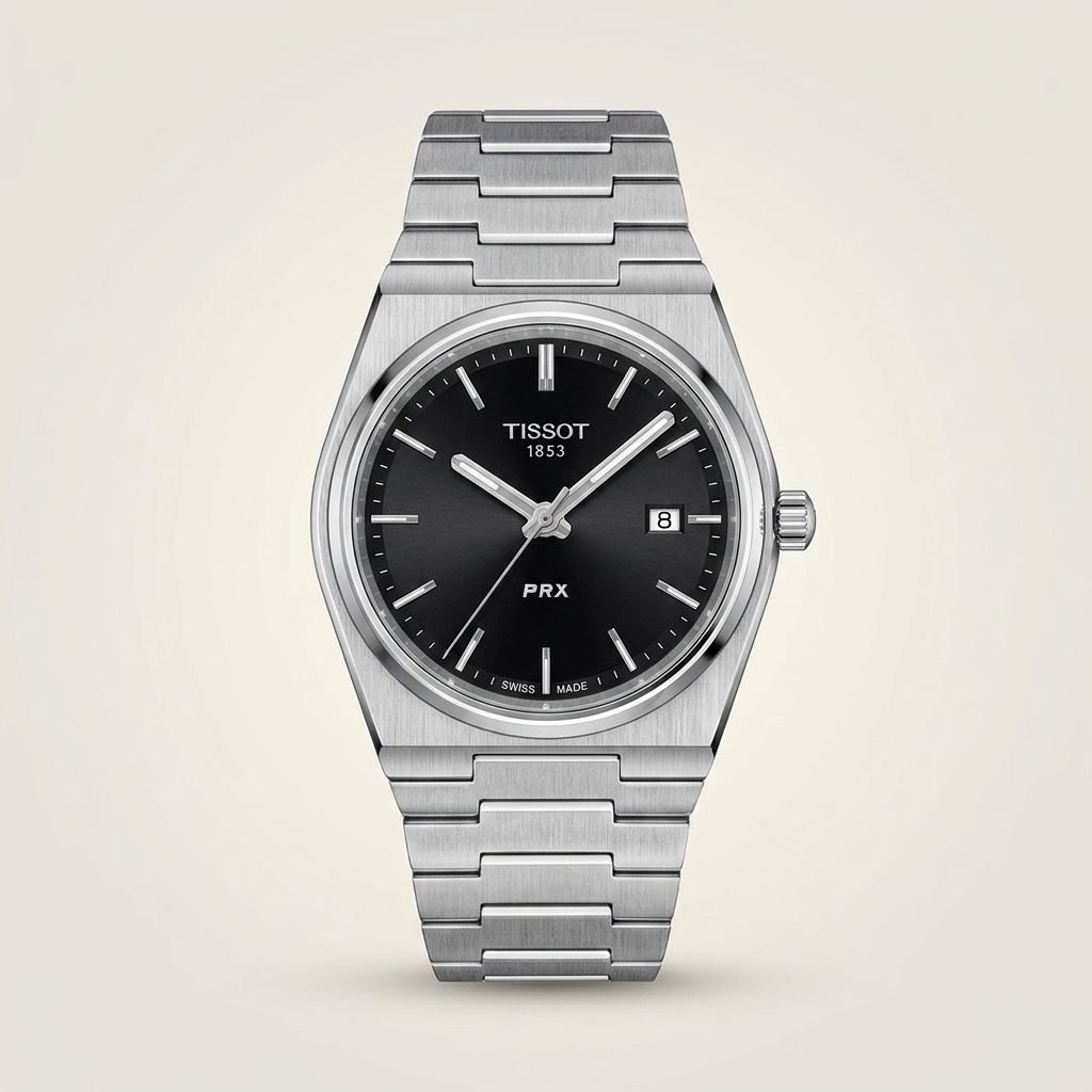Silver-tone retro style watch with deep black sunburst dial, silver indices, and integrated steel bracelet.