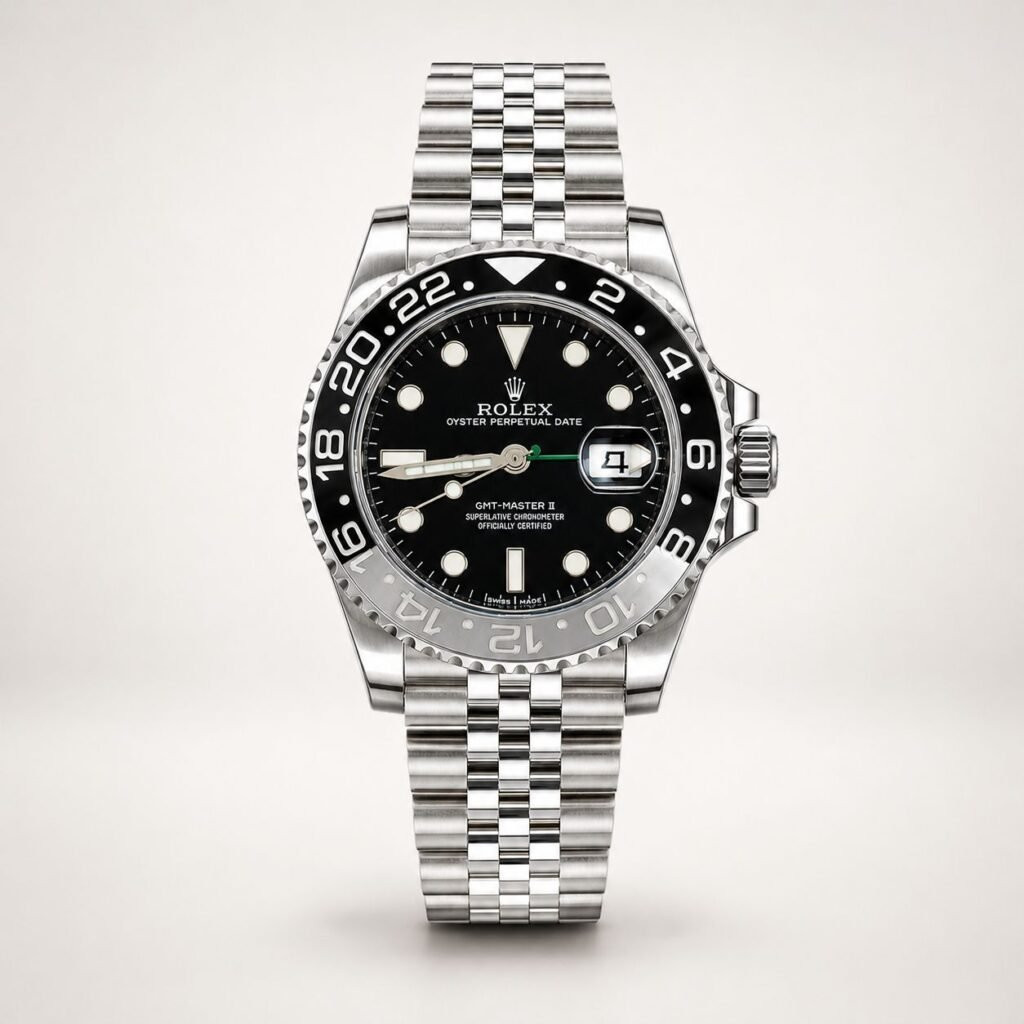 Silver-tone GMT style watch with black dial, black and blue rotating bezel, and jubilee bracelet held in hand.