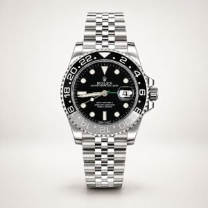 Silver GMT Style Watch – Black & Blue Bezel, Jubilee Bracelet