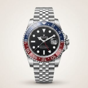 Silver-tone GMT style watch with black dial, red and blue rotating bezel, and jubilee bracelet held in hand.