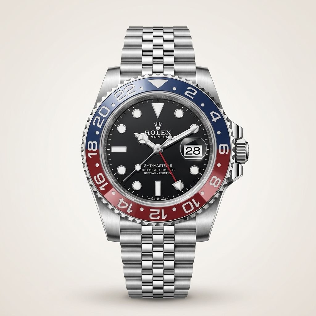 Silver-tone GMT style watch with black dial, red and blue rotating bezel, and jubilee bracelet held in hand.